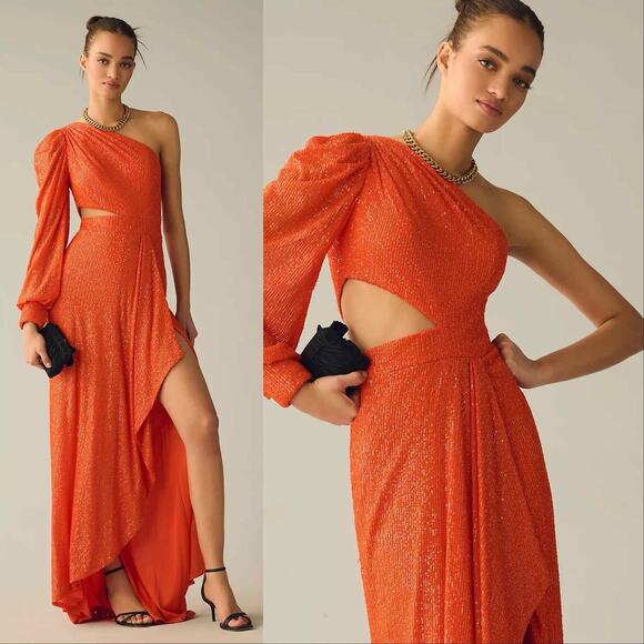 Mac Duggal Sequined One Shoulder Cut out Gown Orange Sz 8 Formal - Picture 2 of 9